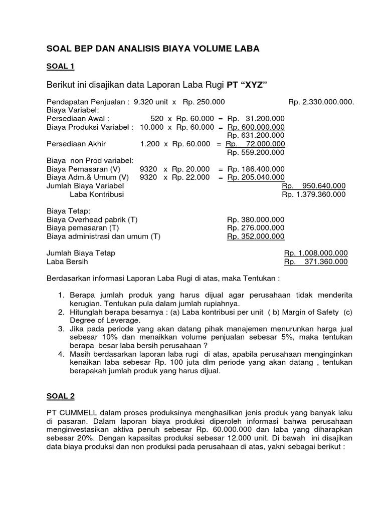 Soal Bep Dan Analisis Biaya Volume Laba