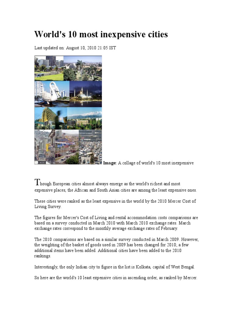 World's Cheapest Cities PDF Kolkata Economies