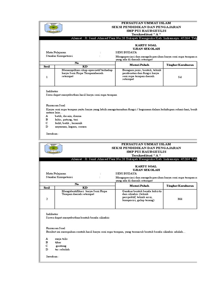 Kartu Soal Seni Budaya Xlsx