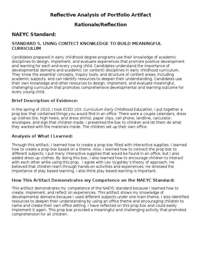 Reflective Analysis of Portfolio Artifact Rationale/Reflection NAEYC