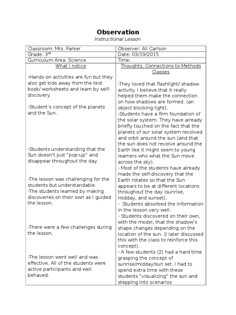 3rd Grade Science Lesson Observation | PDF