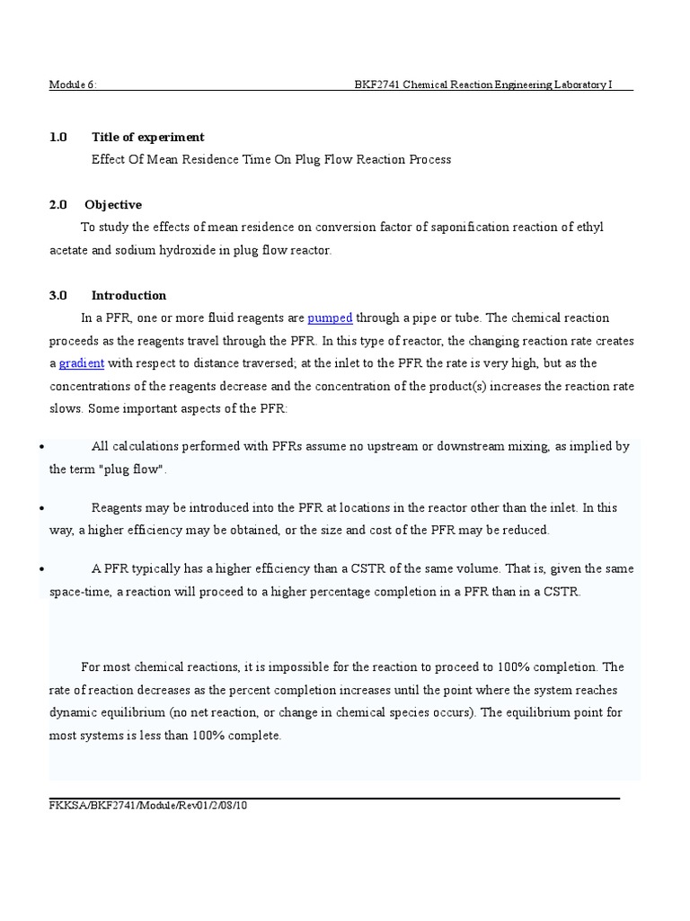 Plug Flow Reactor Pfr Pdf Chemical Reactor Chemistry