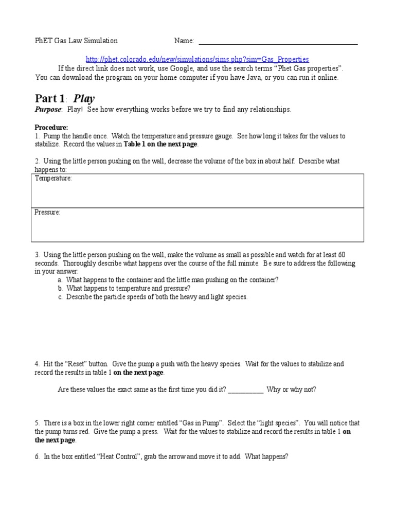 Phet Gas Law Simulation Worksheet Answer Key