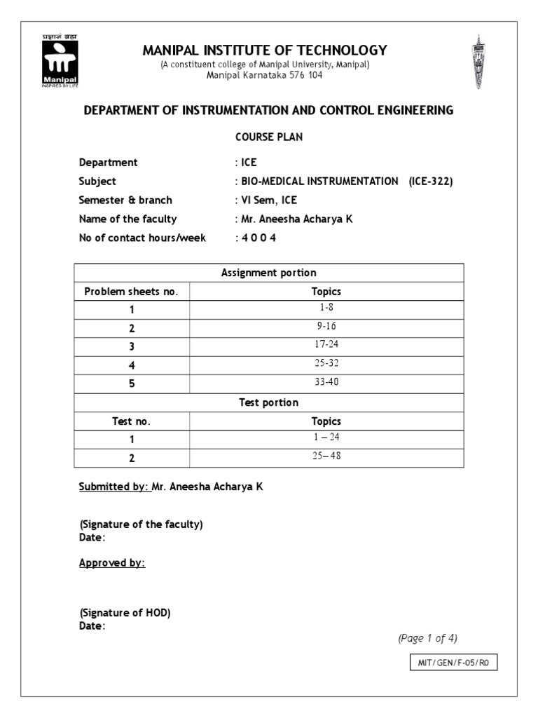 Bio-Medical Instrumentation Course Plan | PDF | Medical Imaging ...