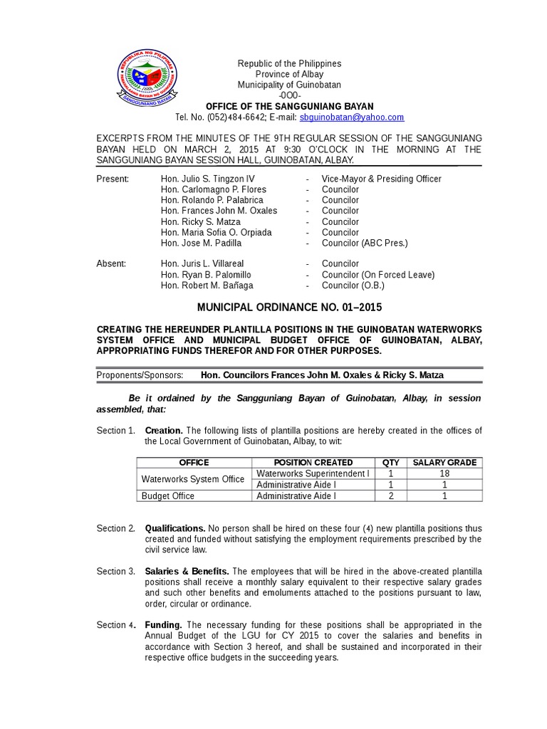 0012015 Gen. Ordinance Creating Plantilla Position PDF