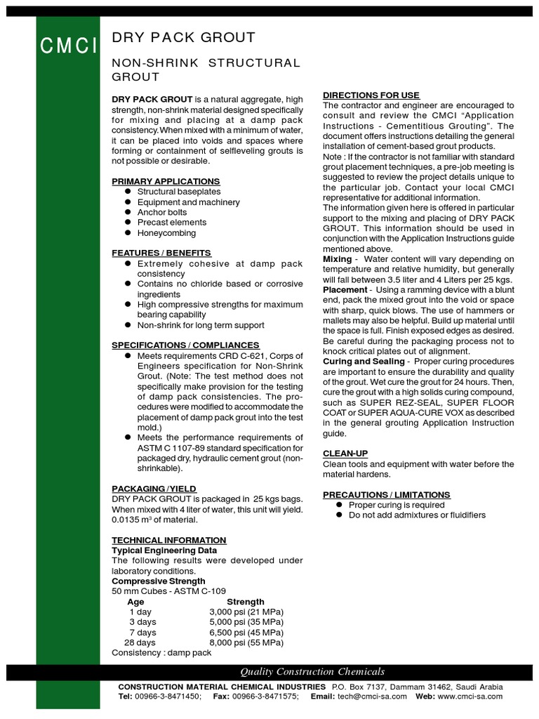 Dry Pack Grout PDF Concrete Production And Manufacturing