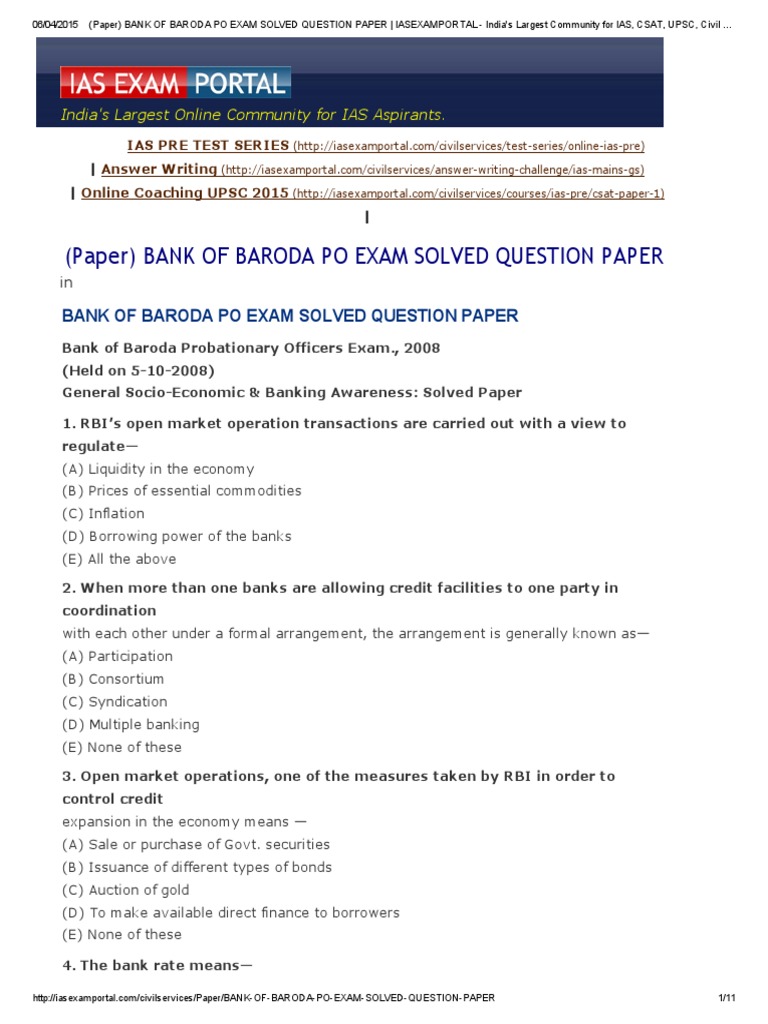 Bank of Baroda PO Exam Solved Paper | PDF | Banks | Securities (Finance)