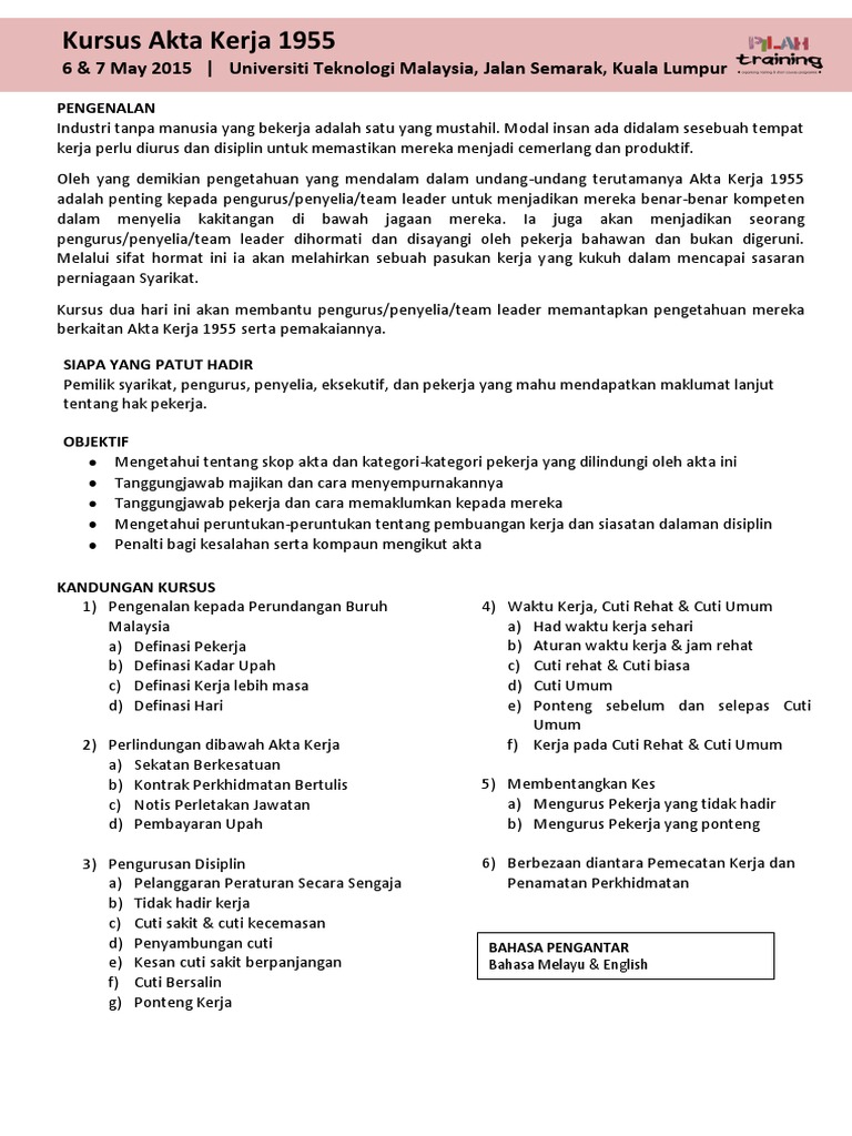 Kursus Akta Kerja 1955 6 7 May 2015 Pilahtraining