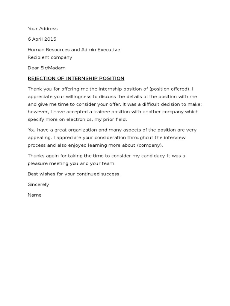 Rejection Letter For Job Offer Or Internship Offer Pdf