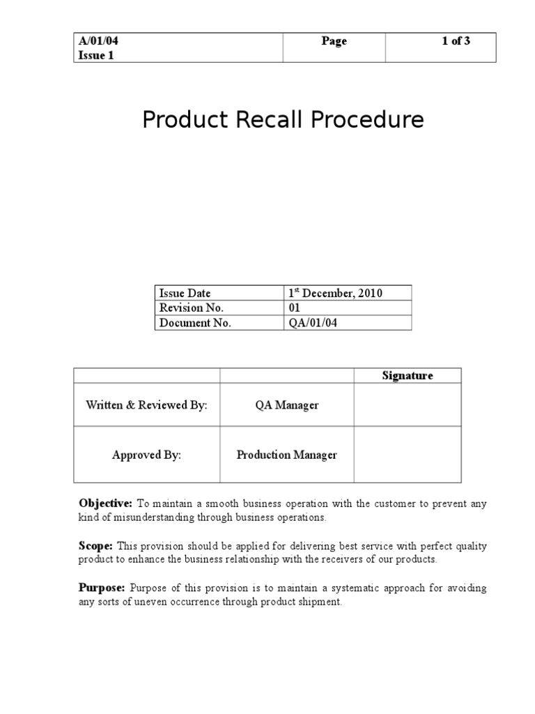 Product Recall Procedure Overview | PDF | Internal Audit | Government ...