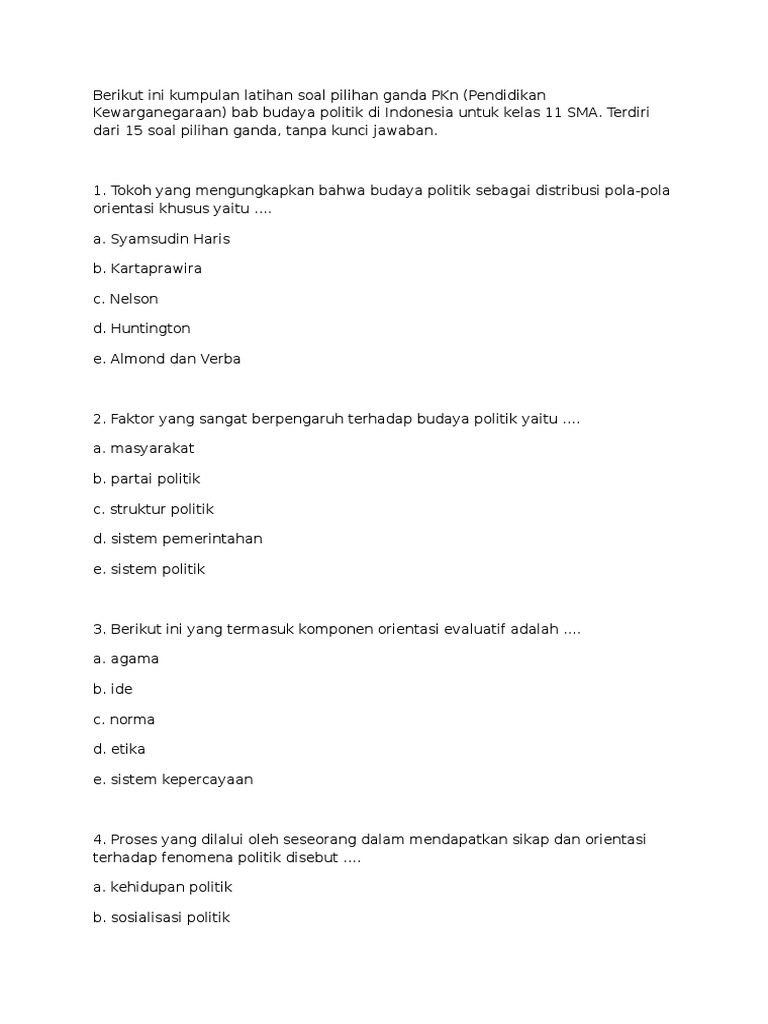 Soal Pilihan Ganda Pkn Kelas Xi Budaya Politik