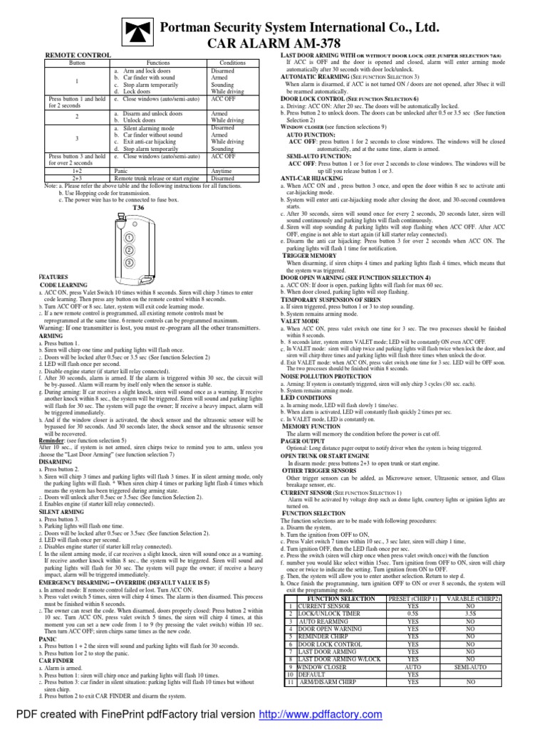 Portman Security System International Co., Ltd. Car Alarm Am378 Download Free PDF Flash