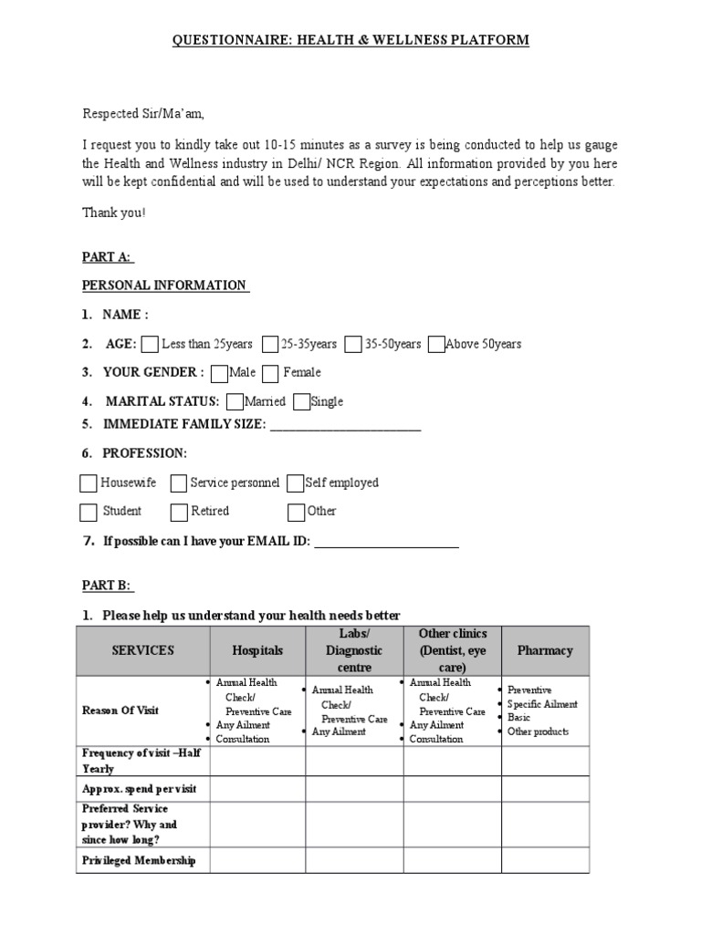 Questionnaire: Health & Wellness Platform | Download Free PDF | Health ...