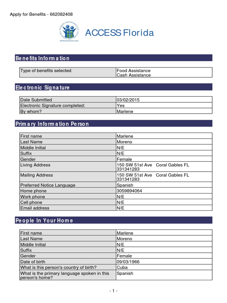 Florida ACCESS Benefits Application | PDF | Medicare (United States ...