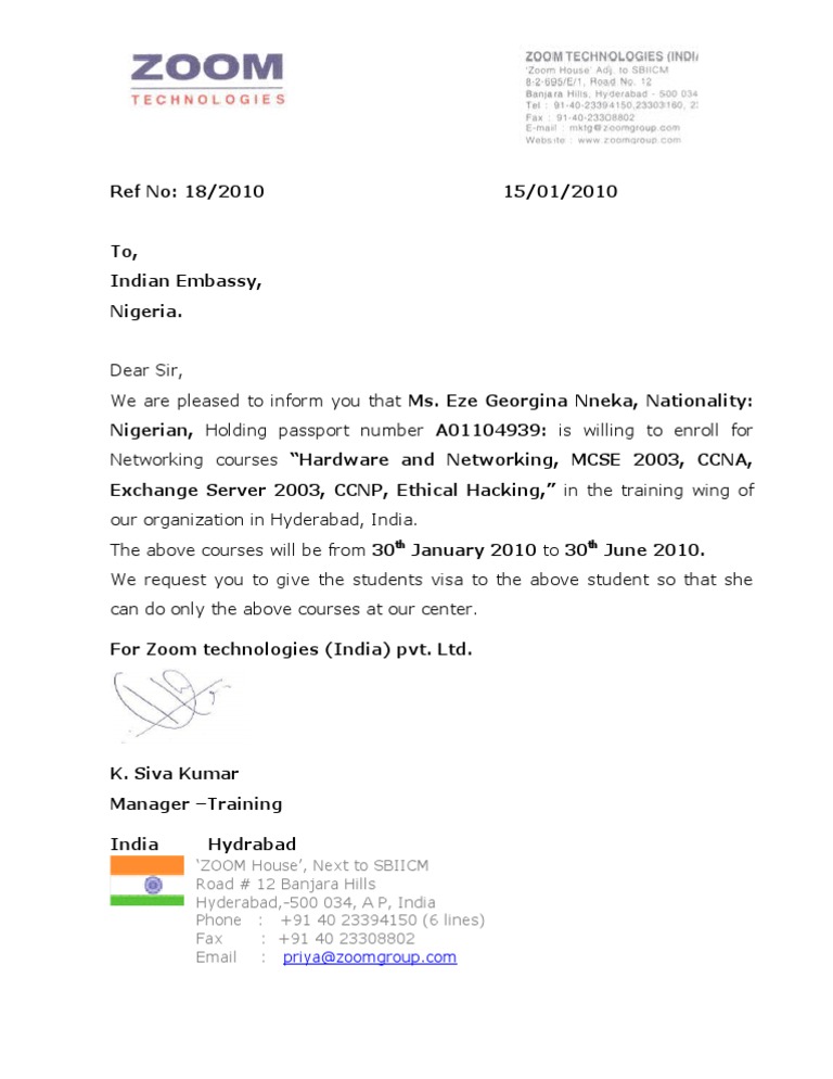 Invitation Letter From Zoom Technologies Hyderabad India- Eze Georgina