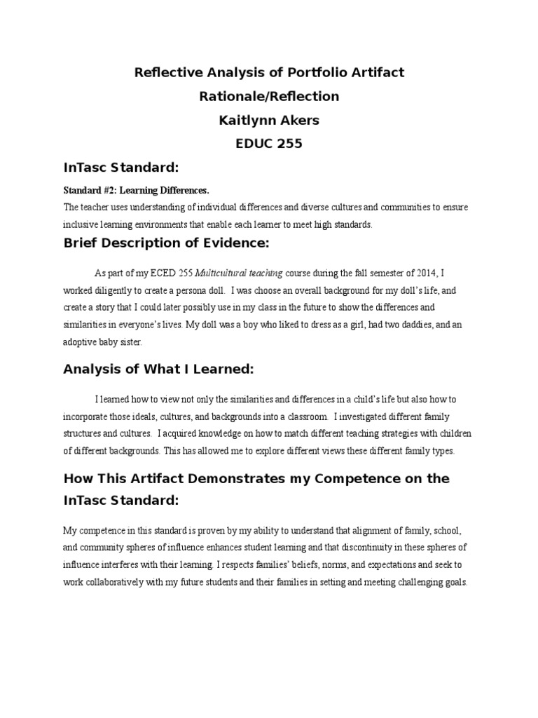Reflective Analysis of Portfolio Artifact Rationale/Reflection Kaitlynn ...