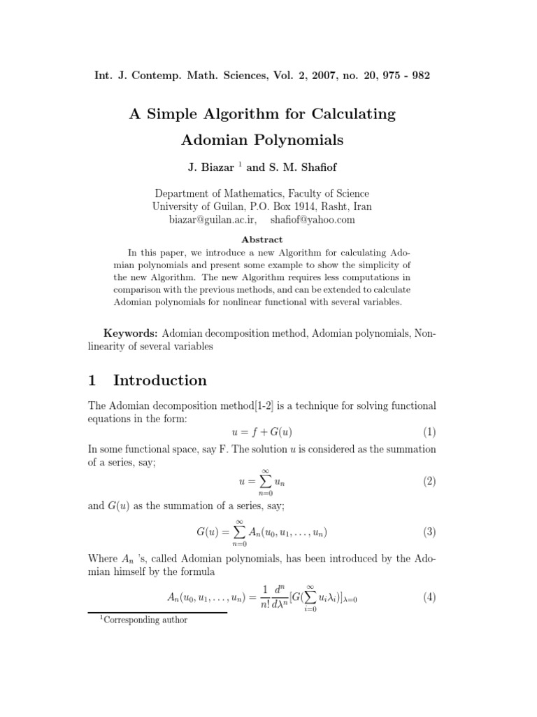 A Simple Algorithm For Calculating Adomian Polynomials: Int. J. Contemp ...
