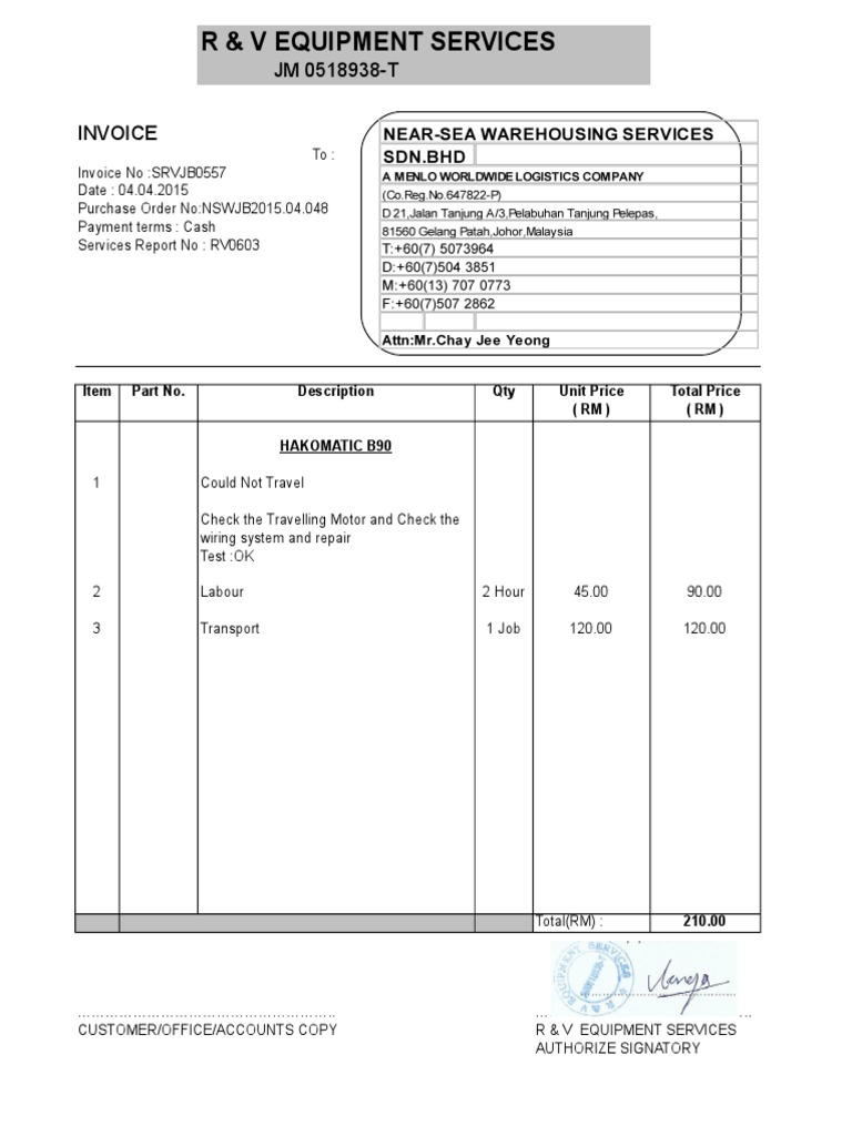 R & V Equipment Services Invoice SRVJB0557 | PDF