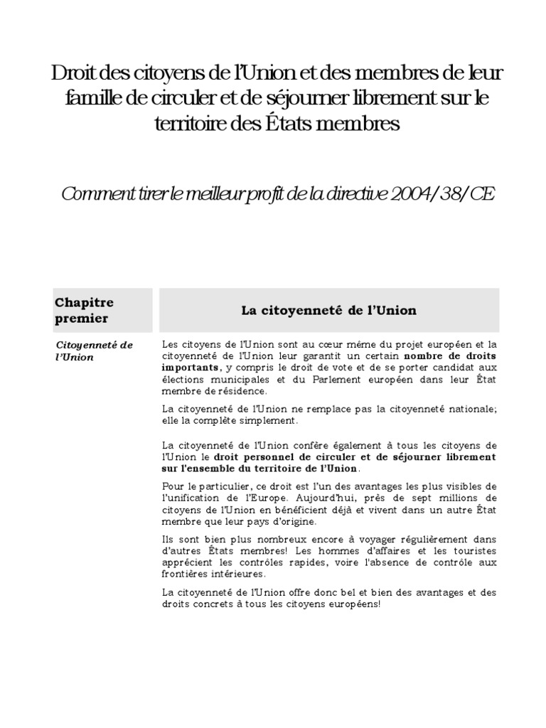 Directive 2004 38 Ec Summary
