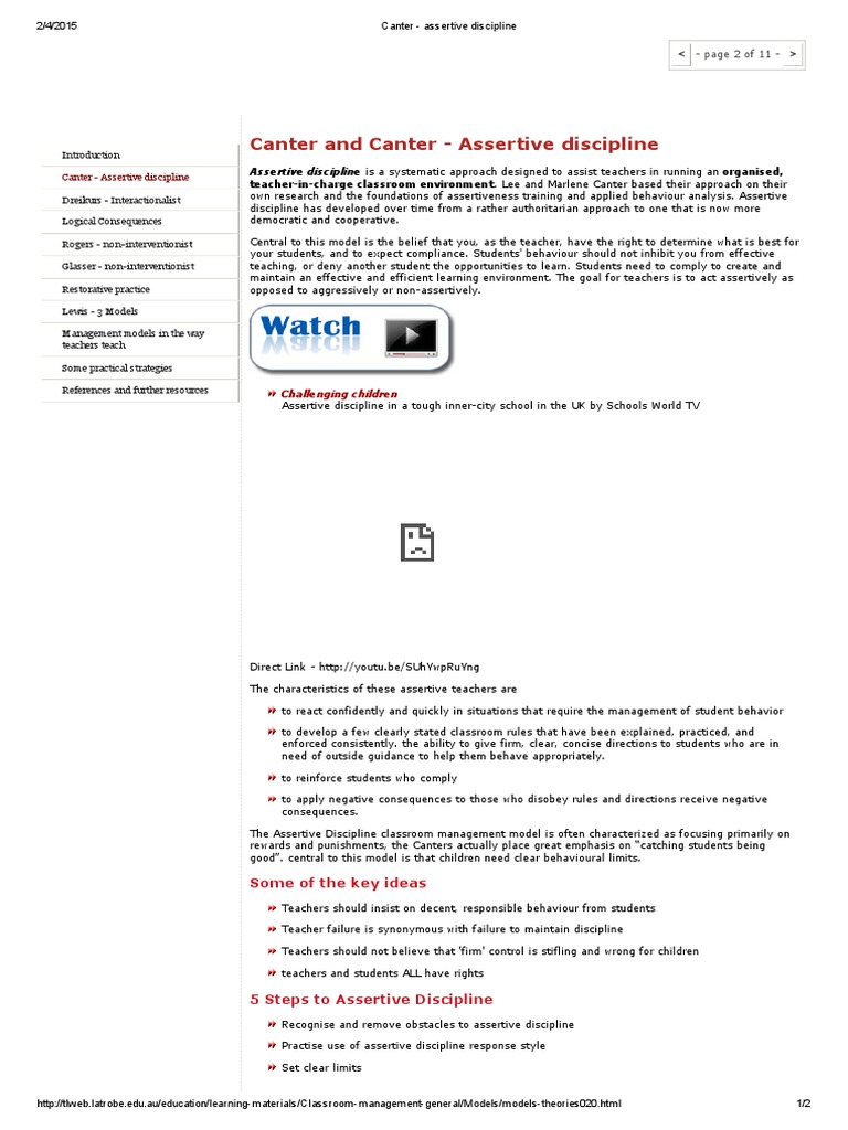Canter's Assertive Discipline Overview | PDF | Teaching | Cognition