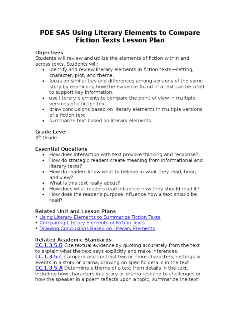 Pde Sas Using Literary Elements To Compare Fiction Texts Lesson Plan Lesson Plan Narration