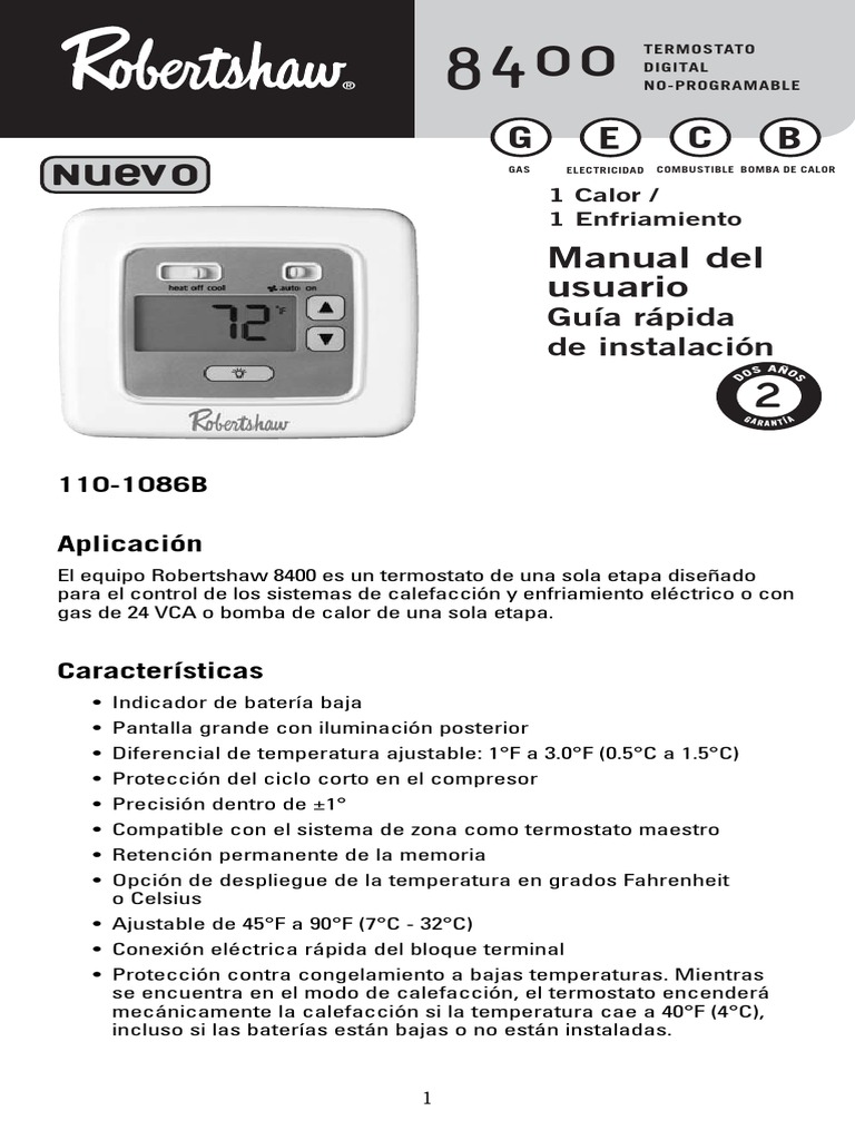 8400 Thermostat Manual Spanish 1101086B Boiler Thermodynamics