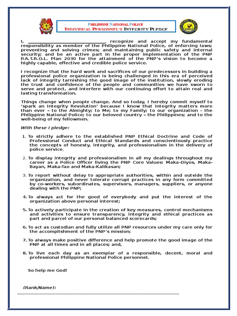 Integrity Pledge Individual Pdf Integrity Police