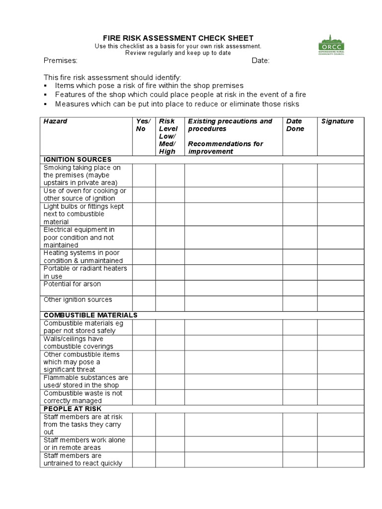 Fire Risk Assessment Check Sheet | PDF | Firefighting | Combustion