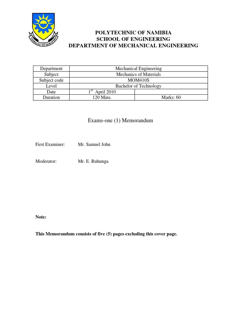Mechanics of Materials Exam Memo | PDF | Mechanical Engineering | Chemistry