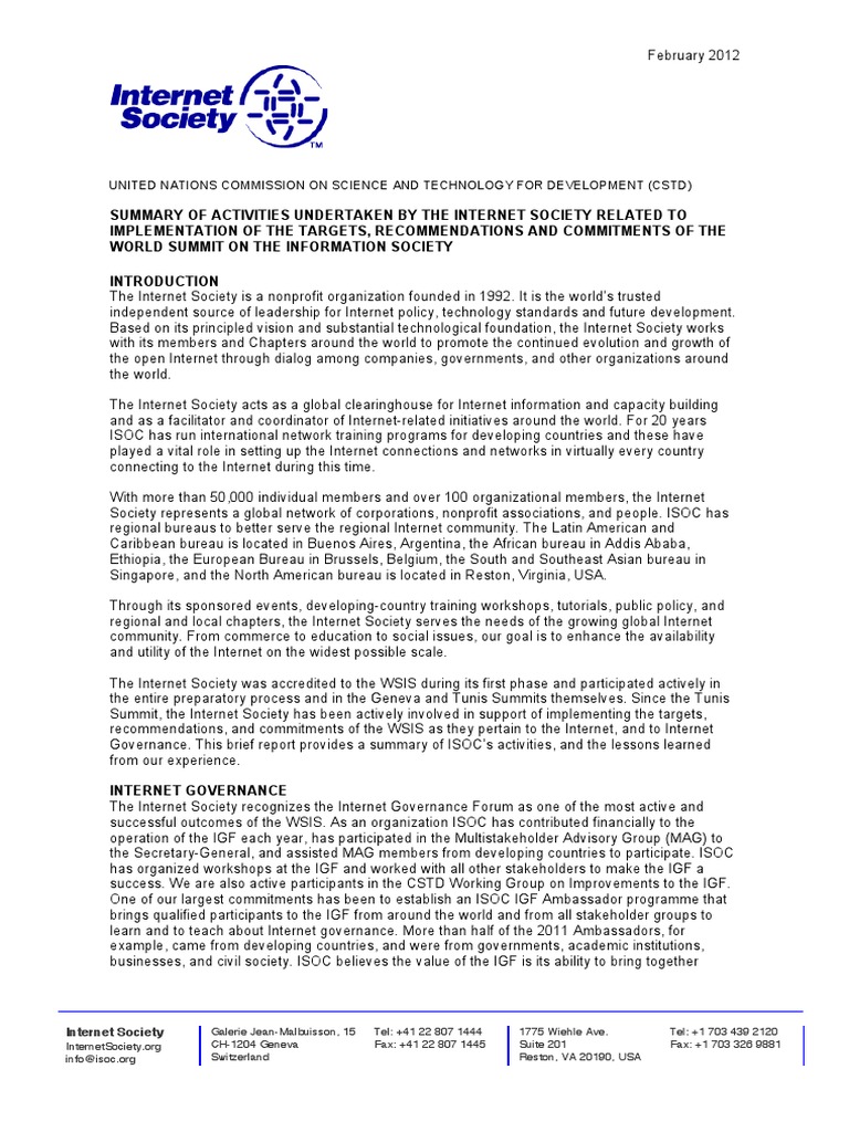 Internet Society WSIS Activities Summary | PDF | Internet Governance ...