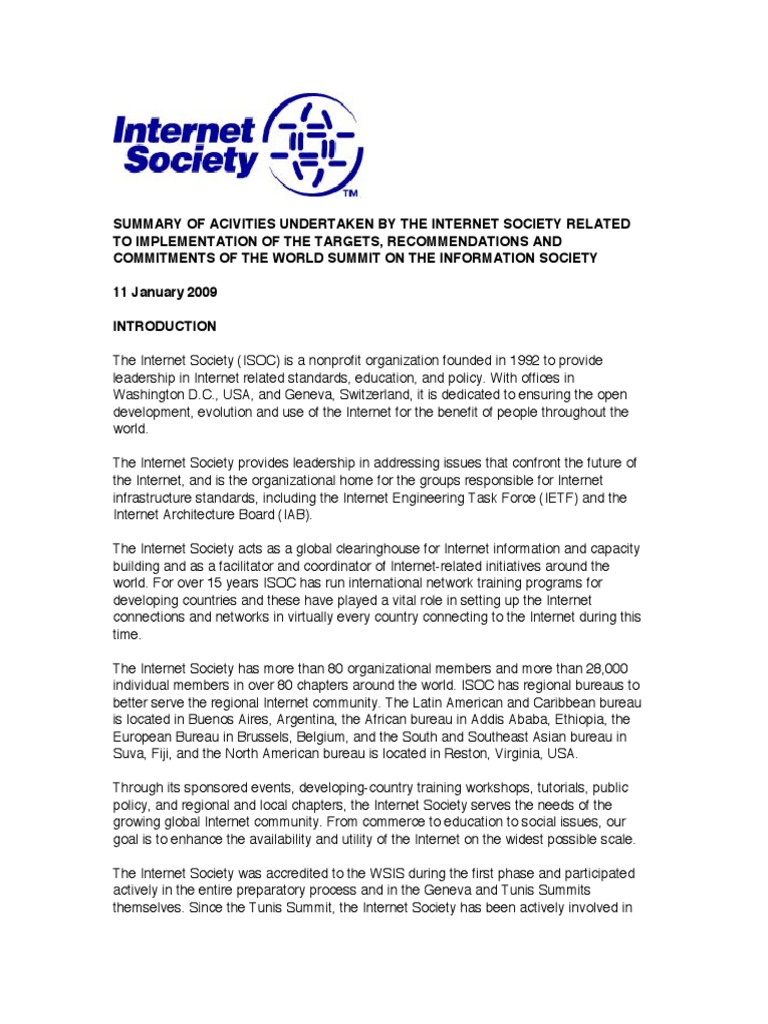 Summary of Activities Undertaken by The Internet Society Related To ...