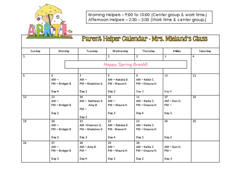 Weekly Schedule for Spring Break Helpers | PDF | Wellness