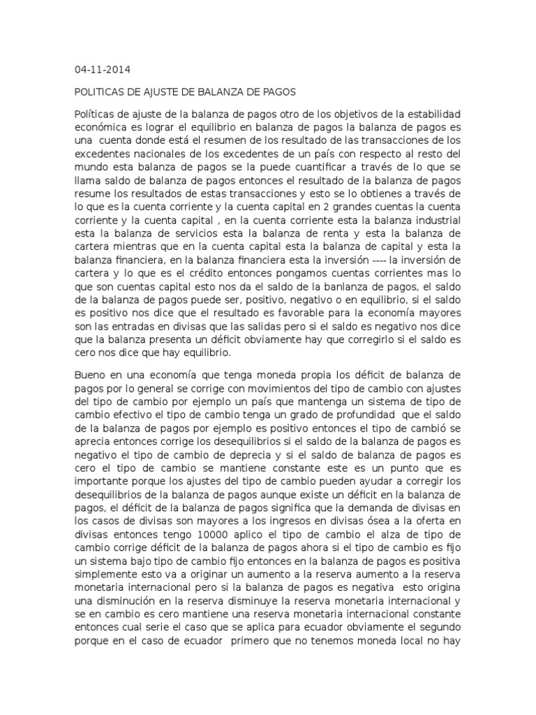 Políticas de Ajuste en Balanza de Pagos | PDF | Balance de pagos | Tipo ...