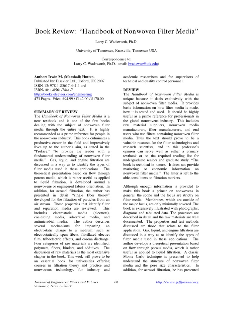 Book Review "Handbook of Nonwoven Filter Media" Lwadsworutk Edu