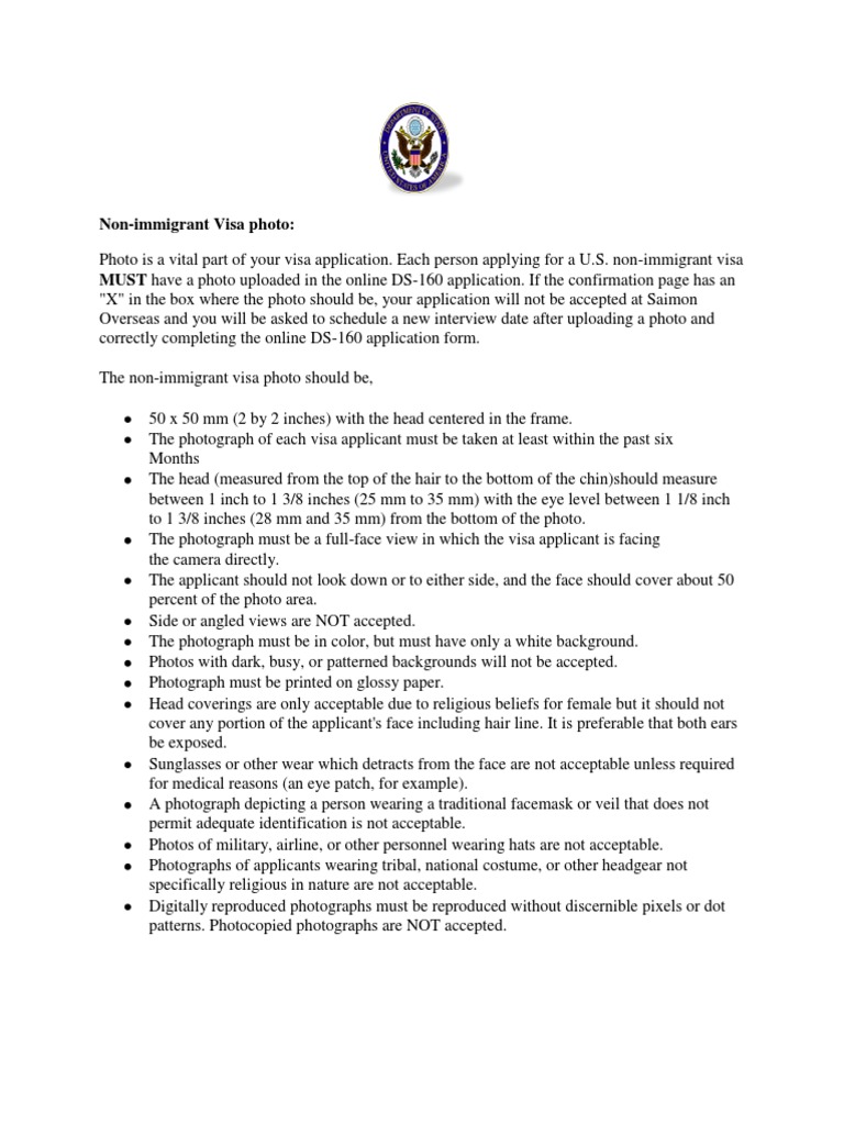 Non-Immigrant Visa Photo Requirements | PDF