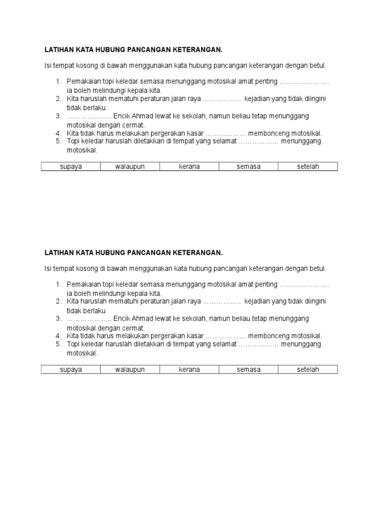 Latihan Kata Hubung Pancangan Keterangan