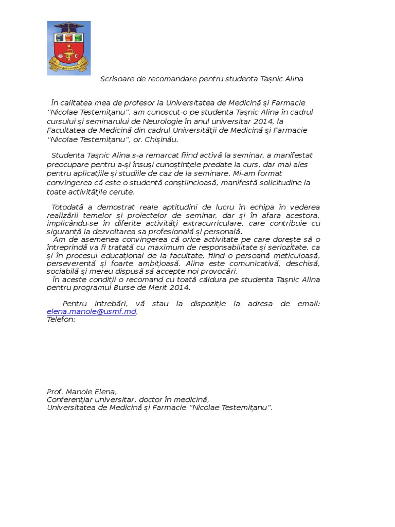 Model Scrisoare De Recomandare Student