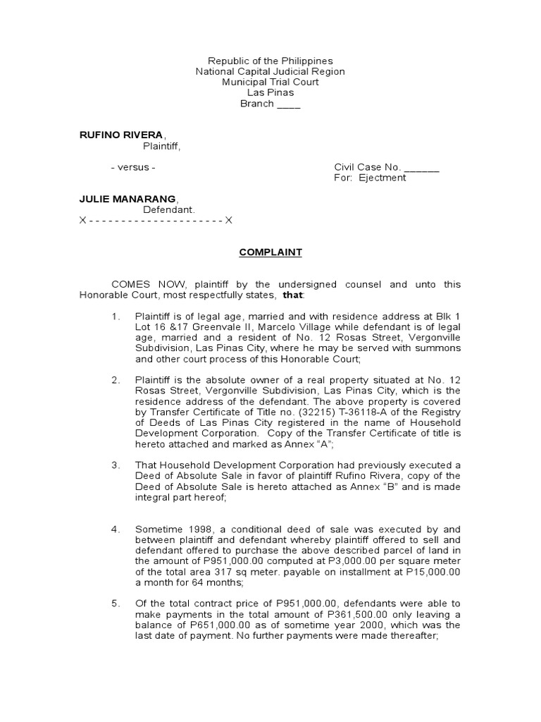 Complaint For Ejectment | PDF