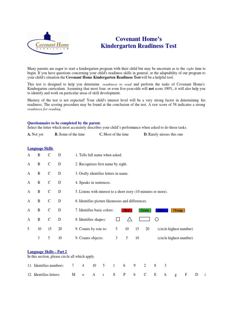 diagnostic test Kindergarten Curriculum