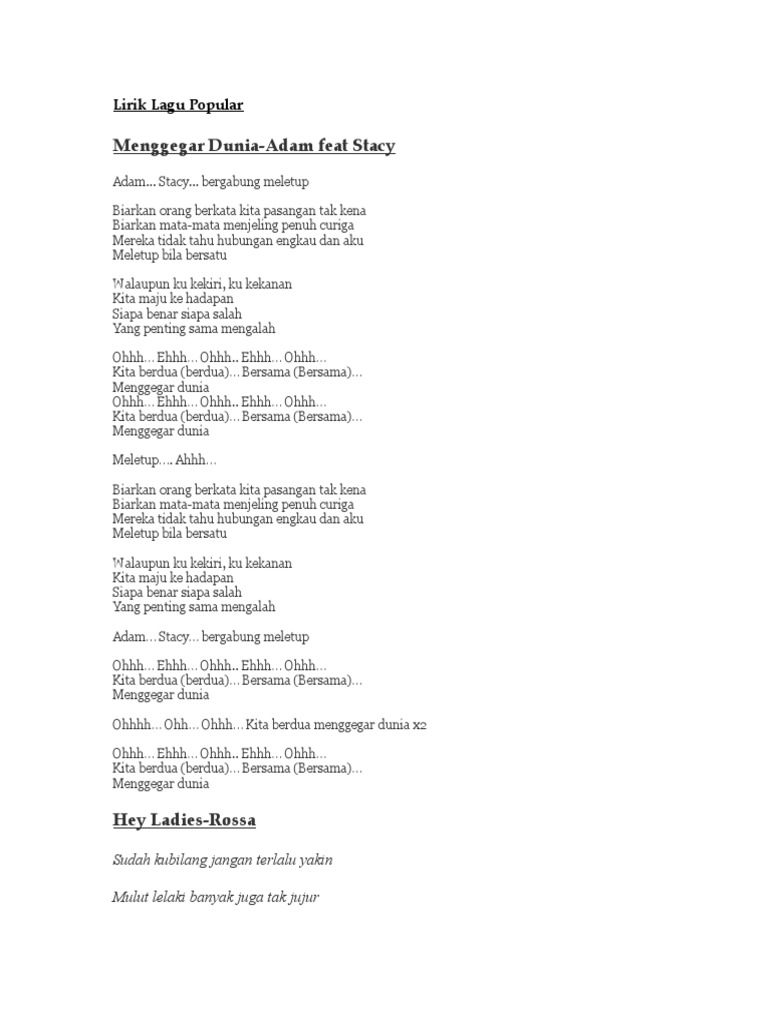 Menggegar Dunia Adam Feat Stacy Lirik Lagu Popular