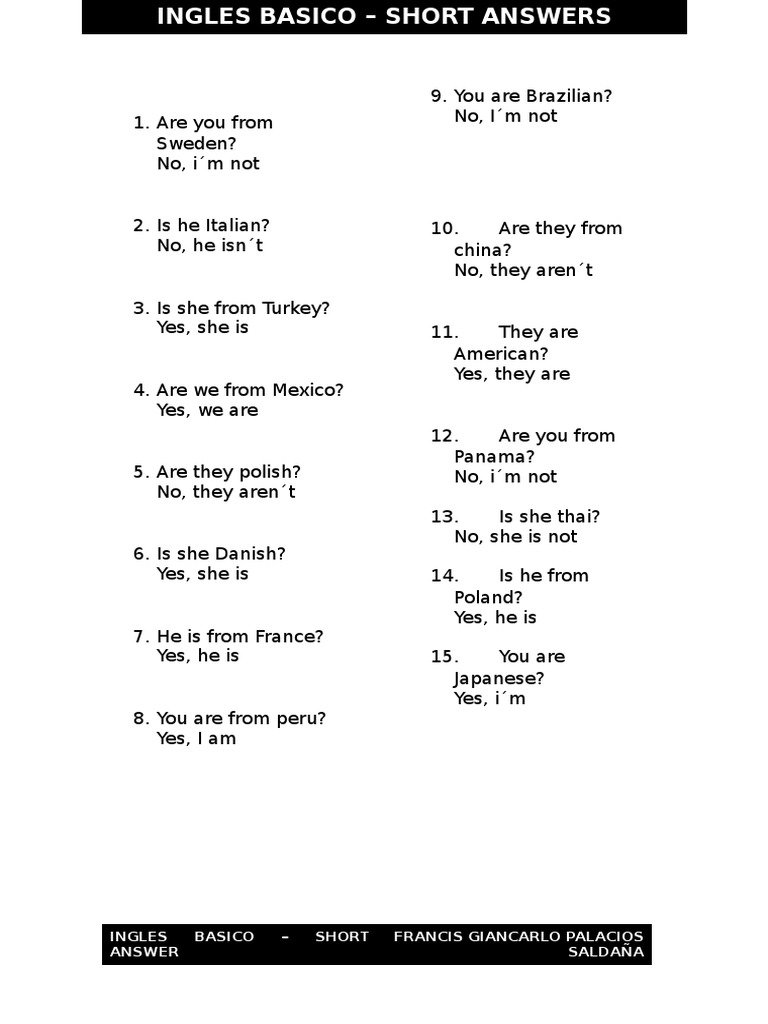 Basic English Short Answers Guide | PDF | Language Arts & Discipline ...