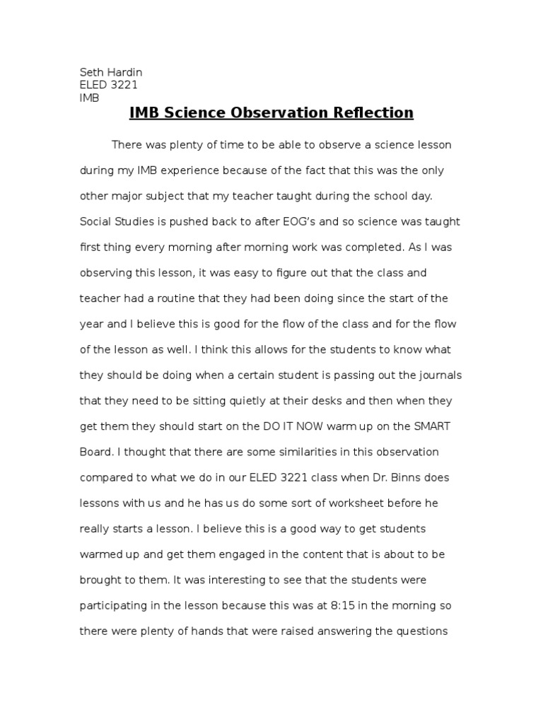 Science Lesson Observation Reflection | PDF | Wellness