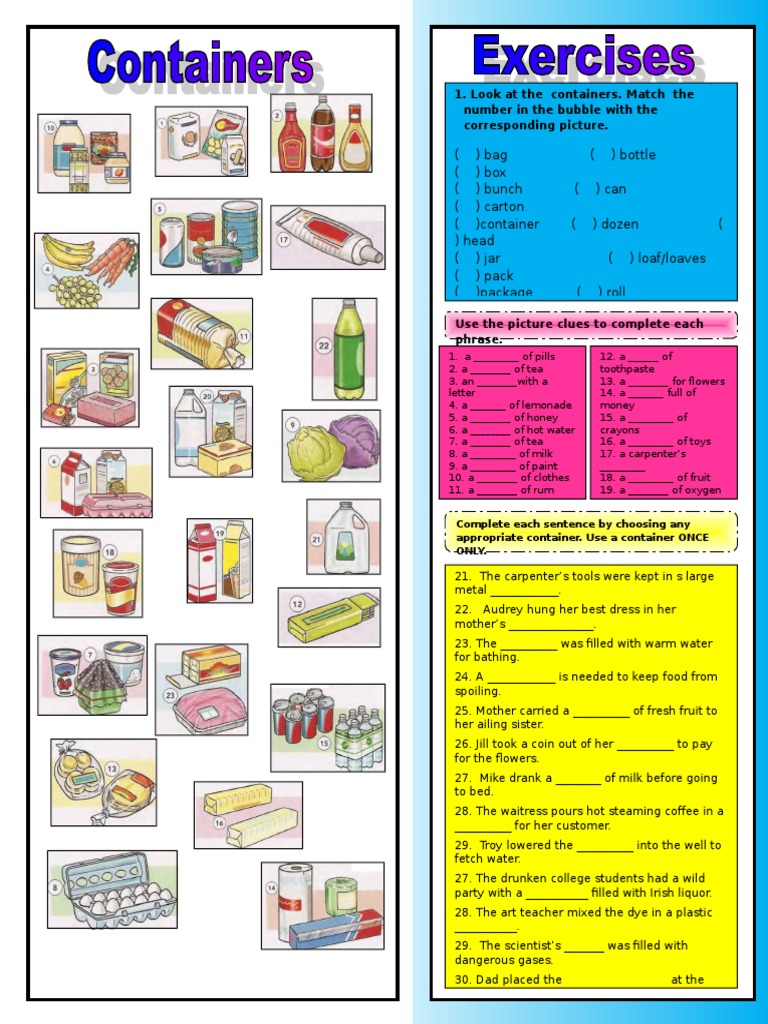 Container Vocabulary Matching Exercise | PDF | Cooking, Food & Wine ...