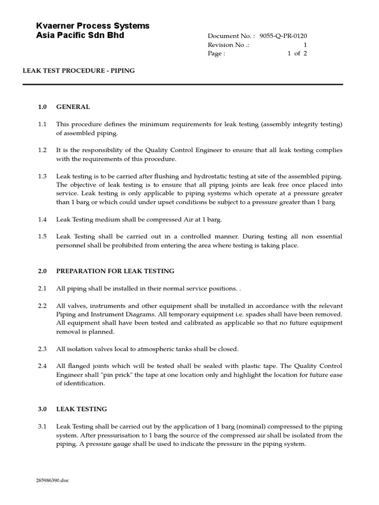 Leak Testing Procedure for Piping | PDF | Leak | Pipe (Fluid Conveyance)