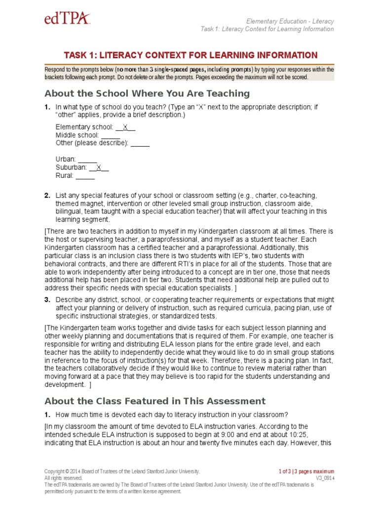 Literacy Context For Learning (Task 1) | PDF | Teachers ...
