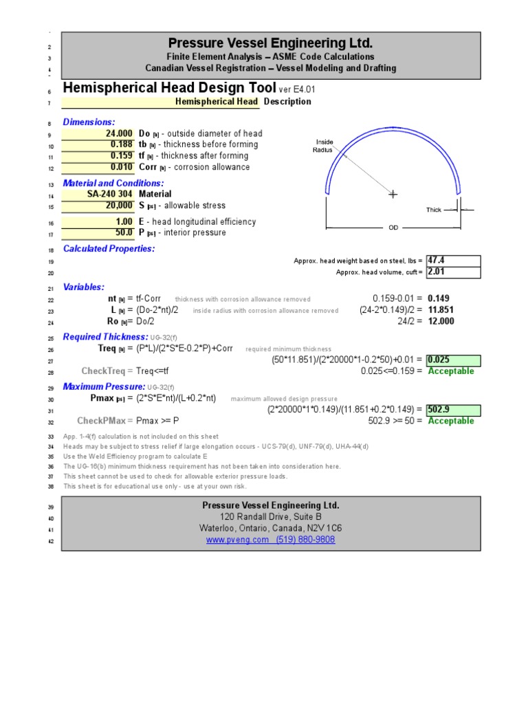 Hemispherical Head Design Calculations | PDF