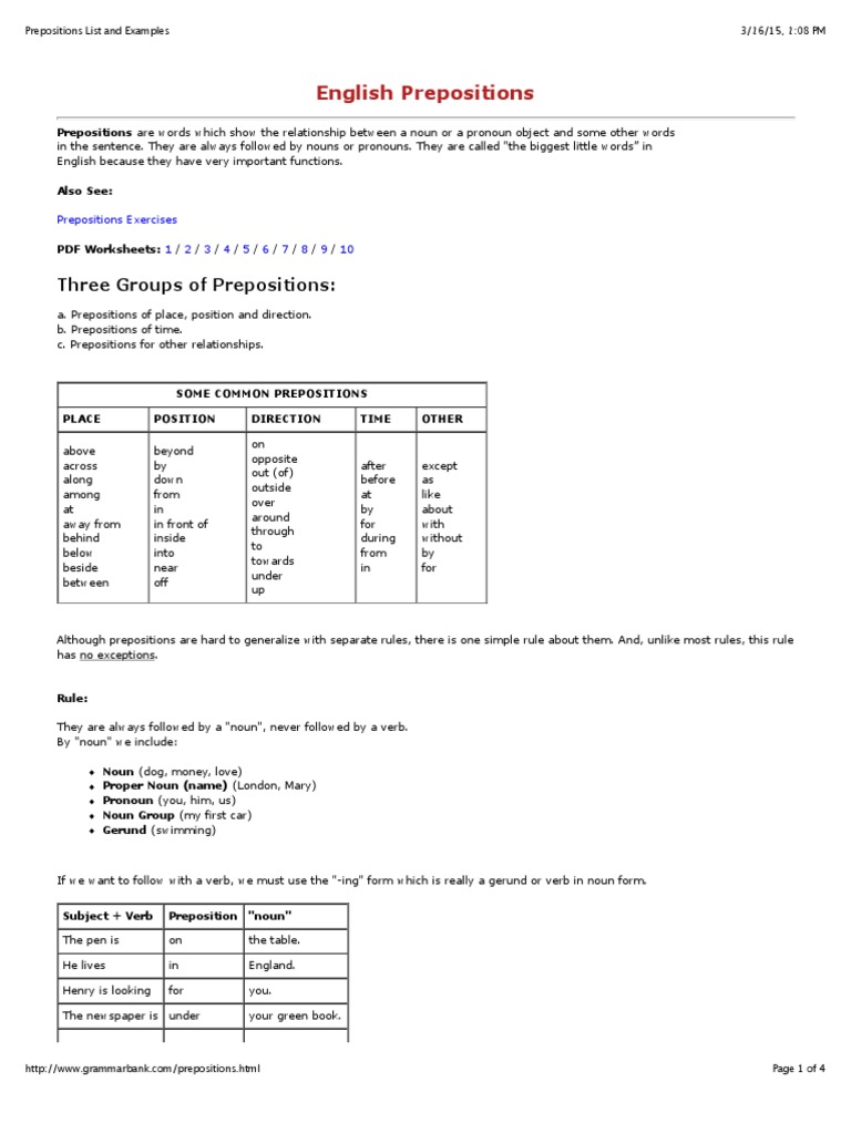Prepositions: List and Examples | PDF | Preposition And Postposition | Verb