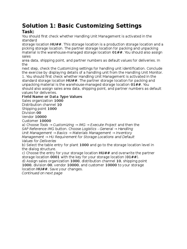 Solution 1: Basic Customizing Settings: Task | PDF