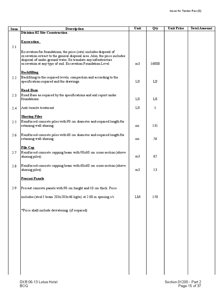 BOQ Lotus Hotel Final 080709 PDF Deep Foundation Tile
