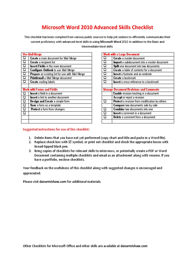 Microsoft Word 2010 Advanced Skills Checklist | PDF